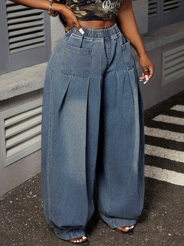 Loose Elasticity Pockets Solid Color Jean Pants Bottoms Trousers