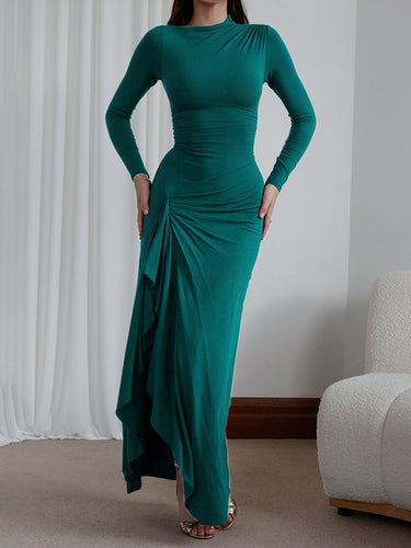 1718585 Bodycon High Waisted Asymmetric Pleated Ruffled Solid Color Split-Joint Round-Neck Maxi Dresses