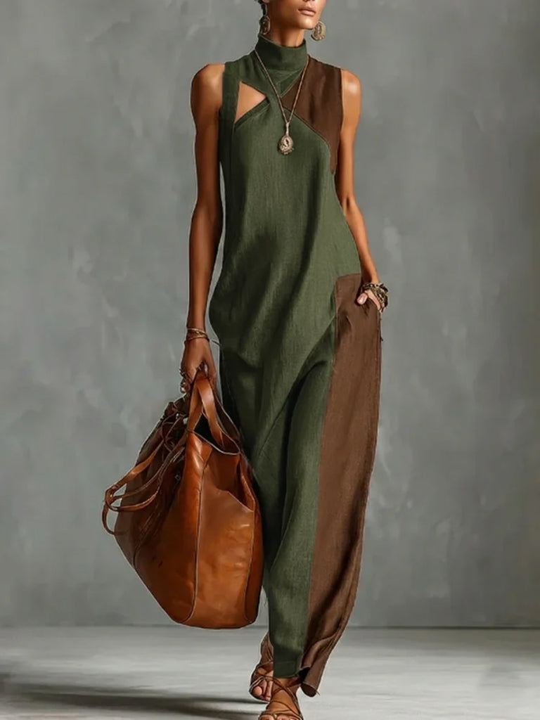 Loose Sleeveless Asymmetric Contrast Color Pockets Split-Joint