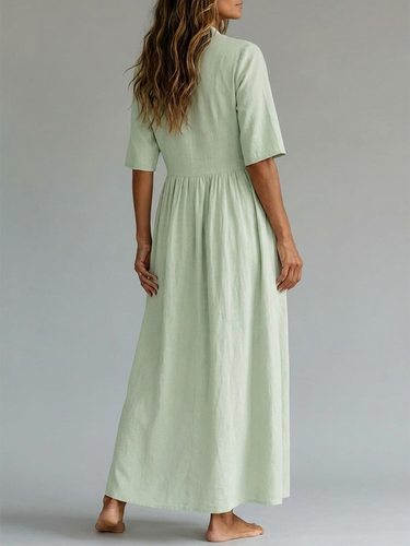 1785803 Half Sleeves Puff Sleeves Buttoned Pleated Solid Color Split-Joint Deep V-Neck Maxi Dresses