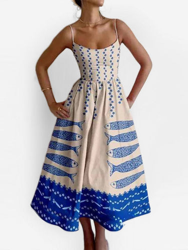 1751226 Elasticated Waist High Waisted Contrast Color Pleated Printed Split-Joint Spaghetti-Neck Midi Dresses