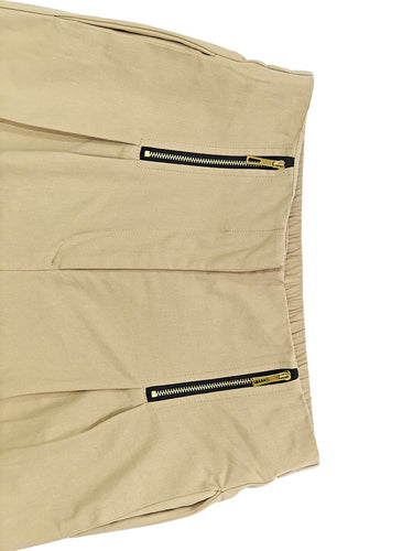 1780724 High Waisted Wide Leg Elasticity Pleated Pockets Solid Color Zipper Capri-Pants Cropped Trousers