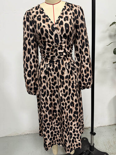 1728910 Elasticated Waist High Waisted Contrast Color Leopard Pleated Split-Joint V-Neck Maxi Dresses