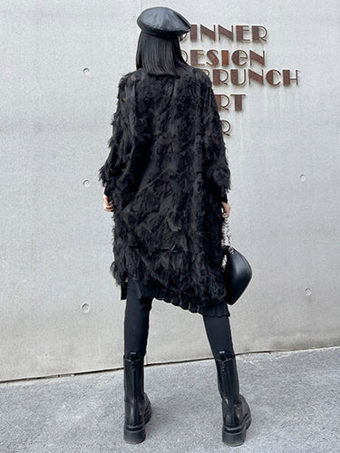 1721446 Irregularity Long Sleeves Asymmetric Mesh Pockets See-Through Solid Color Split-Joint Tasseled Stand Collar Midi Dresses