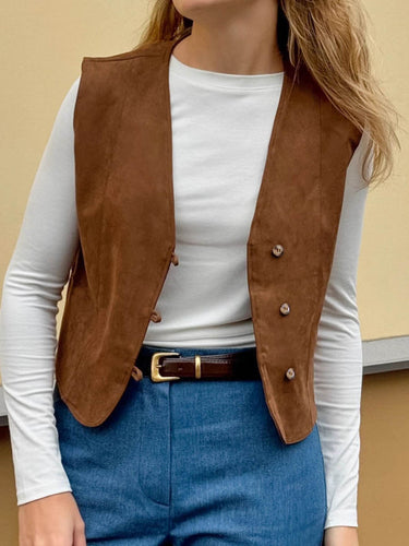 1739828 Loose Sleeveless Buttoned Solid Color V-Neck Vest Outerwear Waistcoat