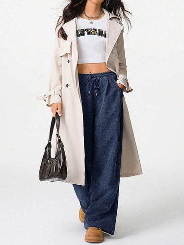 1734592 High Waisted Wide Leg Drawstring Elasticity Pockets Solid Color Pants Trousers