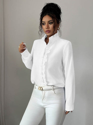 1731610 Long Sleeves Skinny Buttoned Ruffled Split-Joint Striped Stand Collar Blouses&Shirts Tops