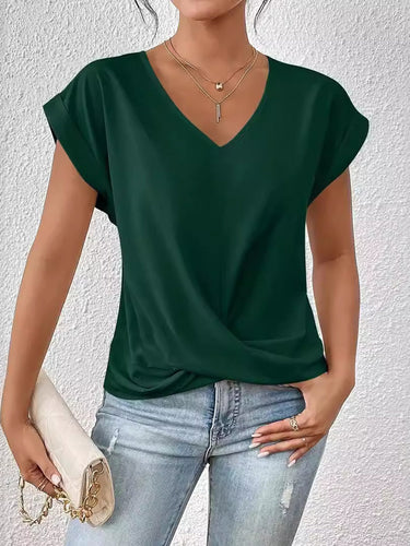 1768296 Loose Plus Size Pleated Solid Color V-Neck T-Shirts Tops