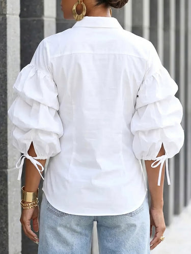 1779211 Loose Puff Sleeves Buttoned Solid Color Tied Lapel Blouses&Shirts Tops