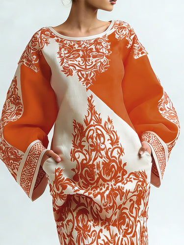 Long Sleeves Loose Contrast Color Flower Print Pockets Round-neck Mini Dresses