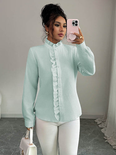 1731613 Long Sleeves Skinny Buttoned Ruffled Split-Joint Striped Stand Collar Blouses&Shirts Tops