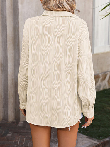 1442269 Long Sleeves Buttoned Jacquard Pleated Solid Color Blouses&Shirts Tops