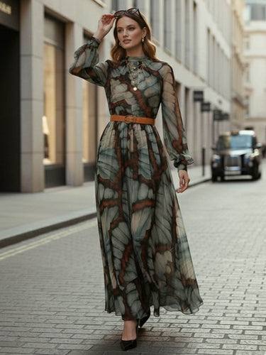 Balloon Sleeves Long Sleeves Big Hemline Contrast Color Pleated Print Zipper Stand Collar Maxi Dresses