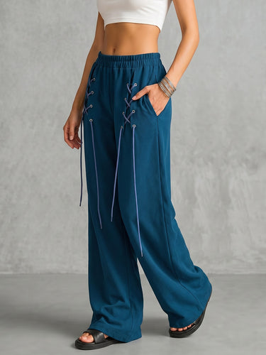 1786008 Loose Wide Leg Drawstring Elasticity Pockets Solid Color Pants Trousers