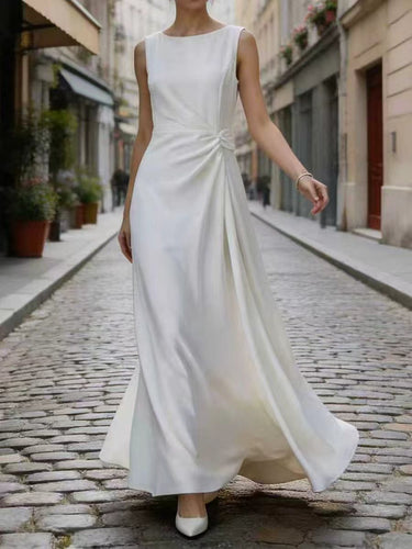 Sleeveless Gauze Pleated Solid Color Split-Joint Round-Neck Evening Dresses Maxi Dresses