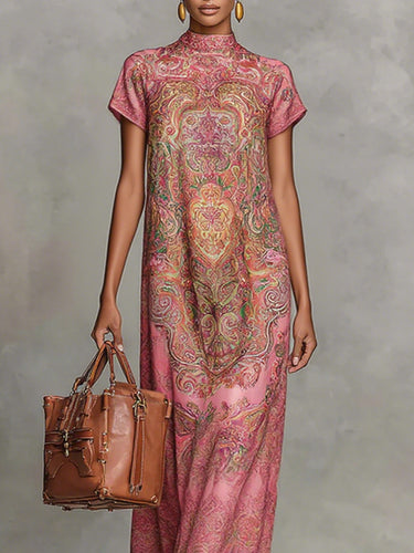 Loose Short Sleeves Contrast Color Flower Print Mock Neck Maxi Dresses Uoozee official Loose Short Sleeves Contrast Color Flower Print Mock Neck Maxi Dresses Uoozee official