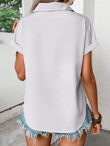 1780476 Loose Short Sleeves Buttoned Pleated Solid Color Lapel Blouses&Shirts Tops