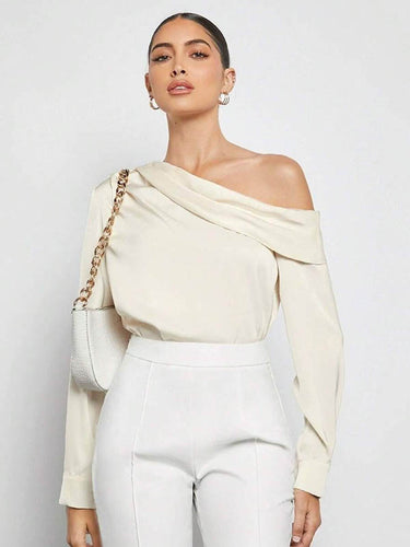 1728945 Long Sleeves Skinny Pleated Solid Color Split-Joint One-Shoulder Blouses&Shirts Tops