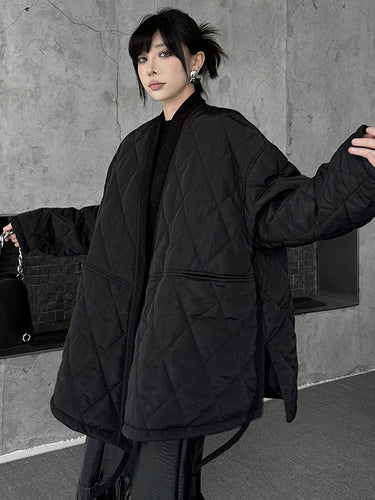 1720265 Long Sleeves Loose Plaid Quilted Solid Color Split-Joint Tied Collarless Outerwear Padded Coat