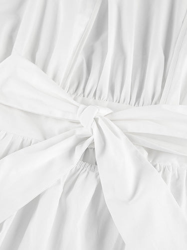 1742227 Elasticated Waist High Waisted Pleated Solid Color Split-Joint Tied Waist Round-Neck Blouses&Shirts Tops