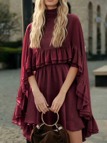 1755960 High Waisted Sleeveless Pleated Ruffled Solid Color Split-Joint Tied Mock Neck Mini Dresses Two Pieces Set