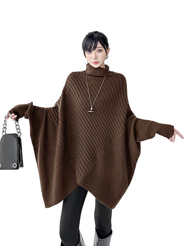 1726297 Batwing Sleeves Irregularity Asymmetric Ribbed Knit Solid Color Split-Joint High Neck Sweater Tops