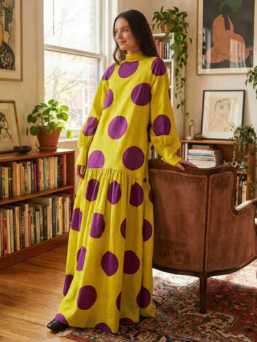 Long Sleeves Loose Big Hemline Contrast Color Pleated Polka Dot Split-Joint Half Turtleneck Maxi Dresses