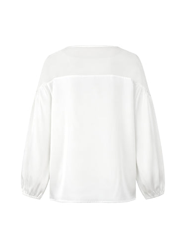 Loose Puff Sleeves Applique Flower Shape Mesh Split-Joint Round-Neck Blouses&Shirts Tops