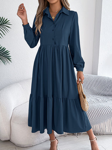 1713682 High Waisted Long Sleeves Pleated Ruffled Solid Color Lapel Midi Dresses Shirt Dress