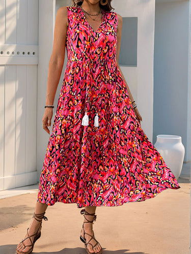 1749550 A-Line Loose Contrast Color Printed Split-Joint V-Neck Maxi Dresses