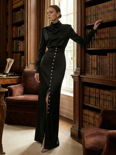 Split-Joint Heaps Collar Long Sleeves Pleated Blouses&Shirts Tops + Elasticated Waist Asymmetric Buttoned  Contrast Color Split-Side Zipper Skirts Bottoms Two Pieces Set