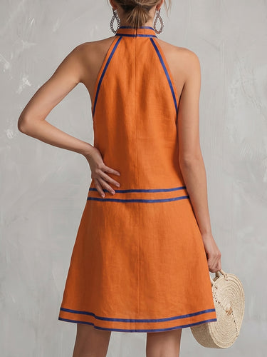 1772061 A-Line Sleeveless Contrast Color Pockets Zipper Halter-Neck Mini Dresses