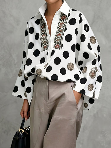 Long Sleeves Loose Buttoned Polka Dot Printed V-Neck Blouses&Shirts Tops