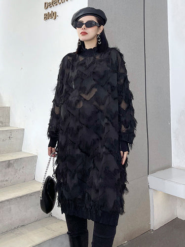 1721442 Irregularity Long Sleeves Asymmetric Mesh Pockets See-Through Solid Color Split-Joint Tasseled Stand Collar Midi Dresses