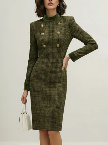 High Waisted Long Sleeves Buttoned Solid Color Split-Joint Zipper Mock Neck Midi Dresses