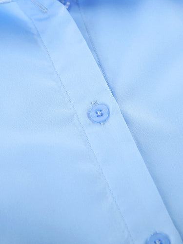 1742195 Long Sleeves Loose Buttoned Solid Color Split-Joint Twist Lapel Mini Dresses Shirt Dress