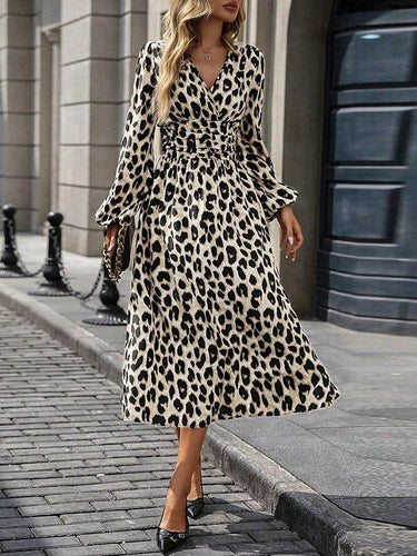 1728918 Elasticated Waist High Waisted Contrast Color Leopard Pleated Split-Joint V-Neck Maxi Dresses