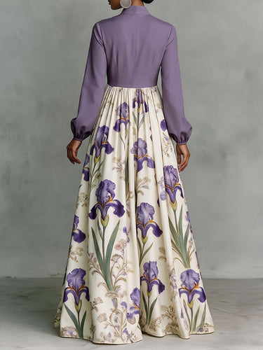 1787462 A-Line High Waisted Buttoned Contrast Color Flower Print Pockets Ruched Split-Joint Stand Collar Maxi Dresses