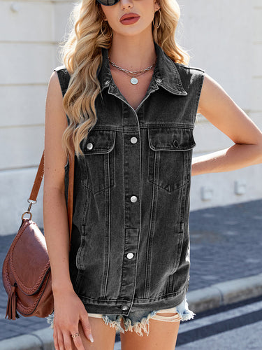 1784280 Loose Sleeveless Buttoned Pockets Solid Color Split-Joint Lapel Vest Outerwear