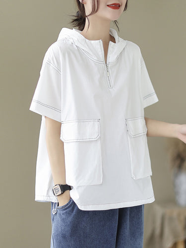 ゆるい半袖ジッパーフード付きTシャツのトップス