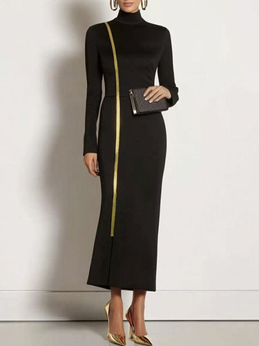 Bodycon Long Sleeves Asymmetric Split-Joint High Neck Maxi Dresses – Uoozee official