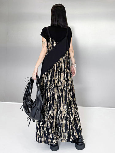 1719695 Loose Sleeveless Asymmetric Contrast Color Printed Split-Joint Spaghetti-Neck Overalls