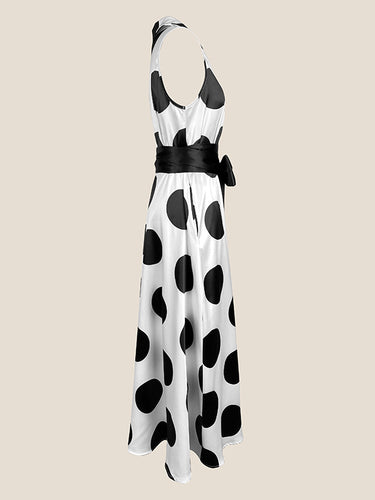 1653577 A-Line Sleeveless Polka-Dot Split-Joint Tied Waist Lapel Maxi Dresses Shirt Dress