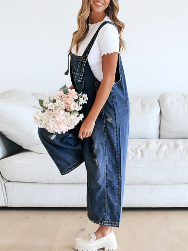 1783235 Cropped Wide Leg Buttoned Pockets Solid Color Adjustable Straps Overalls