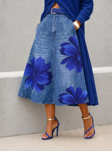 1778597 A-Line High Waisted Flower Print No Belt Pockets Skirts Bottoms
