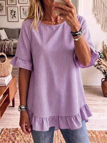 1780548 Half Sleeves Loose Pleated Ruffle Trim Striped Round-Neck Blouses&Shirts Tops