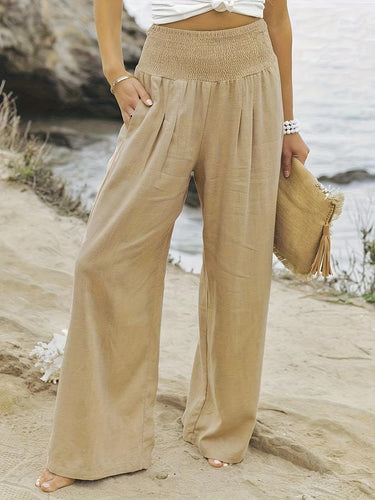 1739530 Elasticated Waist High Waisted Pleated Pockets Solid Color Split-Joint Pants