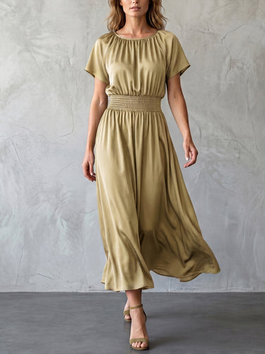 1781689 Batwing Sleeves High Waisted Elasticity Solid Color Round-Neck Maxi Dresses