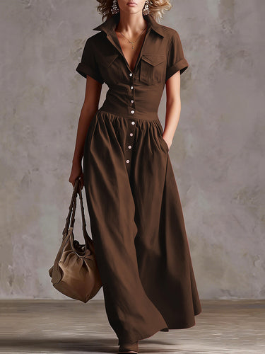1785445 High Waisted Loose Buttoned Pleated Pockets Solid Color Split-Joint Lapel Maxi Dresses