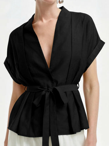 1786145 Loose Short Sleeves Buttoned Solid Color Tied Waist V-Neck Blouses&Shirts Tops